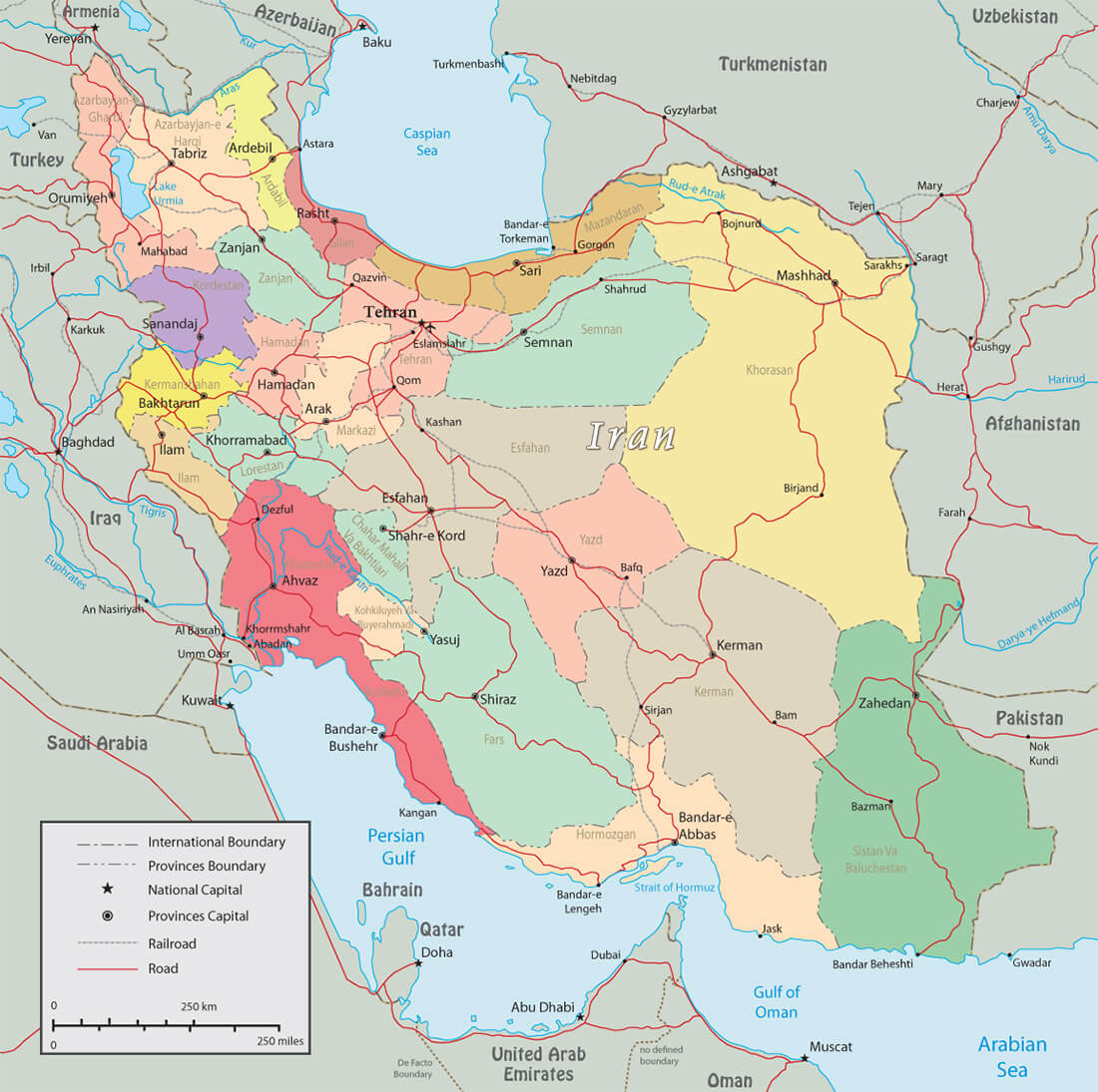 Political map of Iran with regions