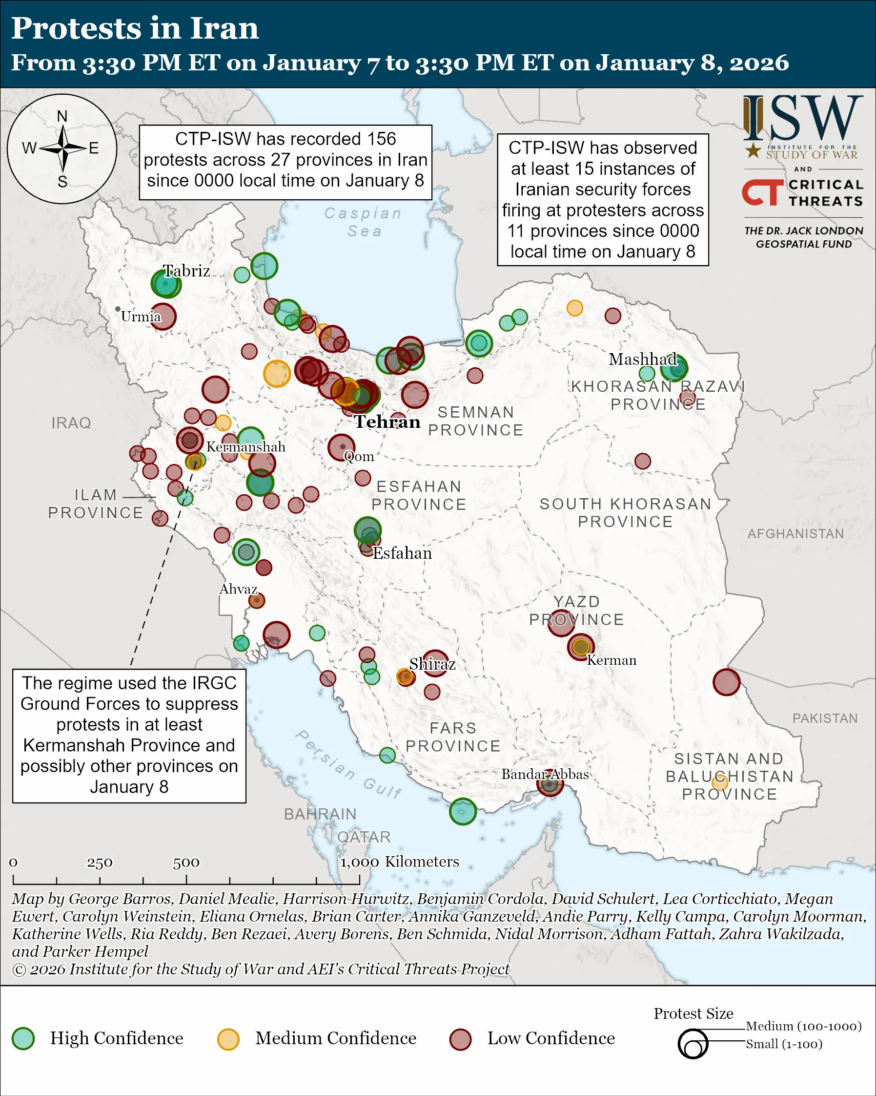 Protests map in Iran january 2026	
