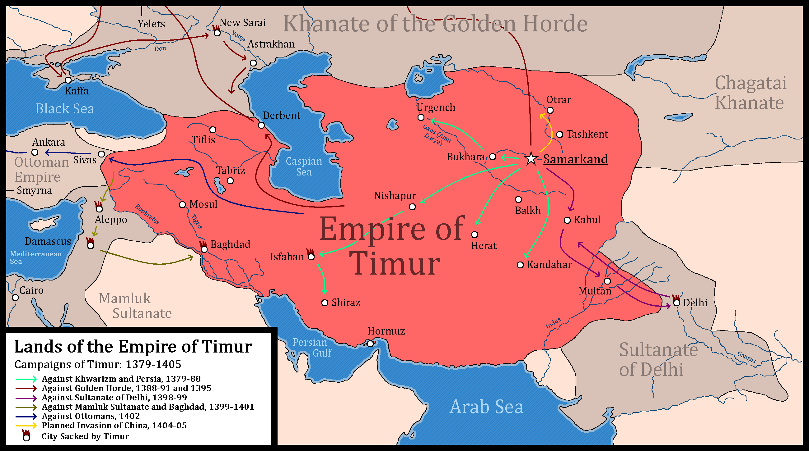 Empire of timur and his campaigns map