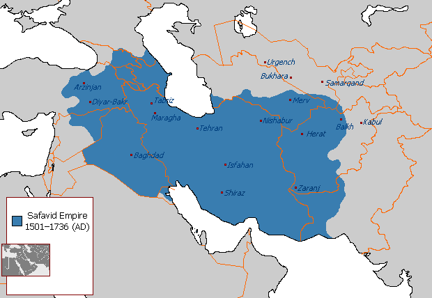 Safavid Empire Map 1501–1722 AD with Major Cities