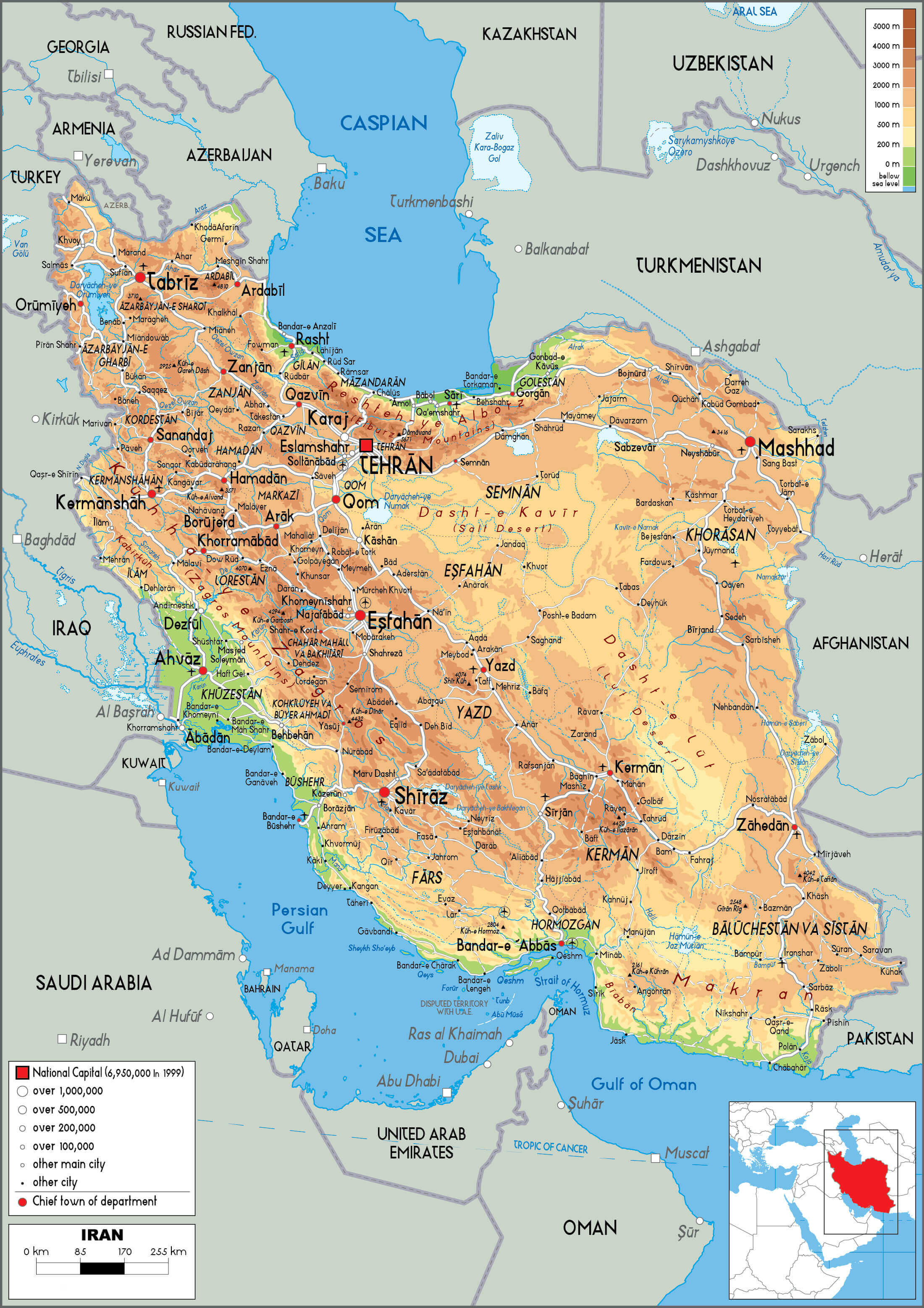 Iran Physical Map with Elevation, Mountains and Major Cities