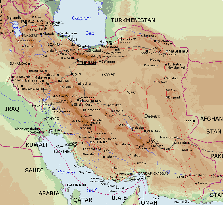 Physical map of Iran with elevation