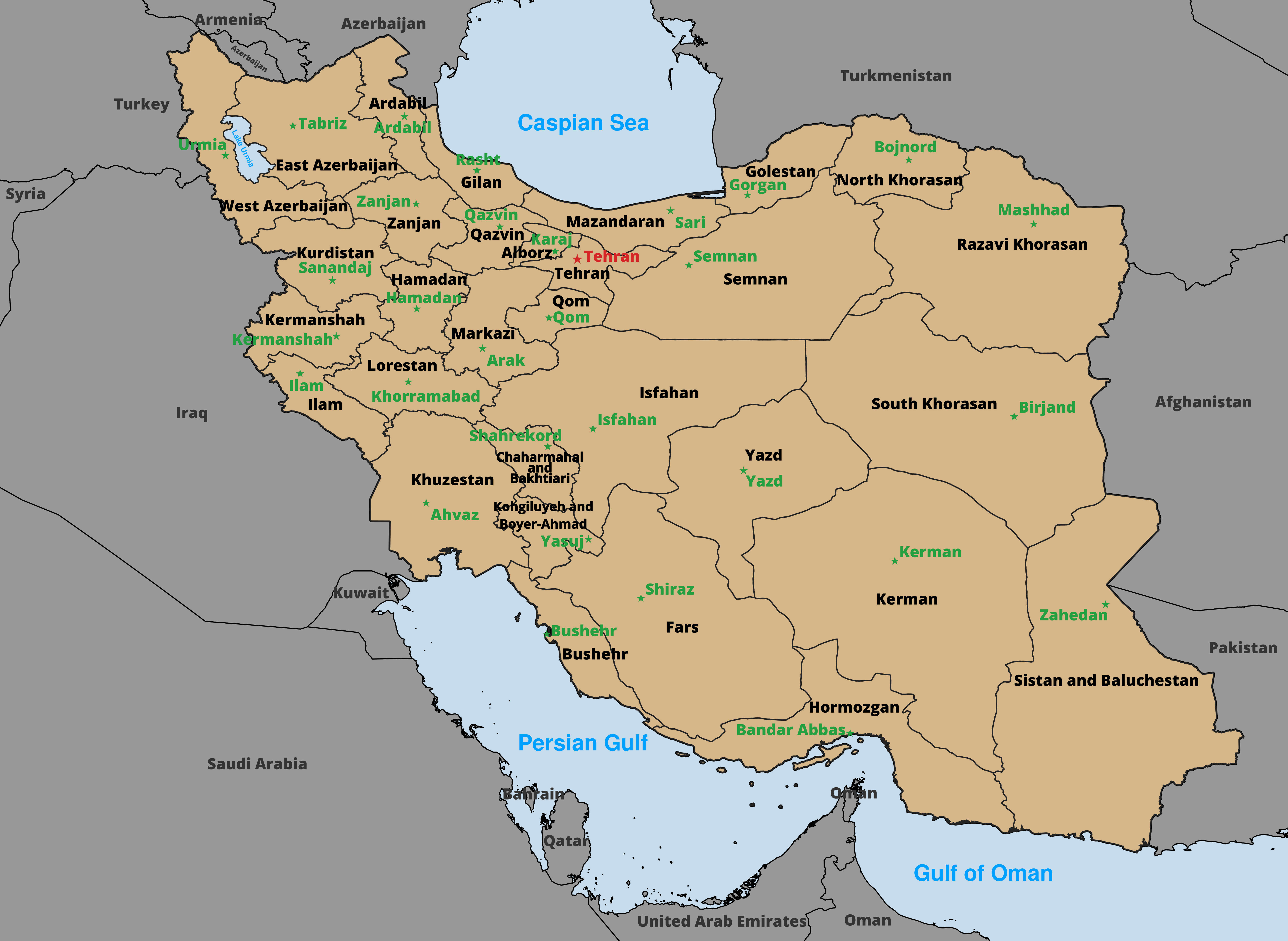 Map of provinces and capitals of Iran