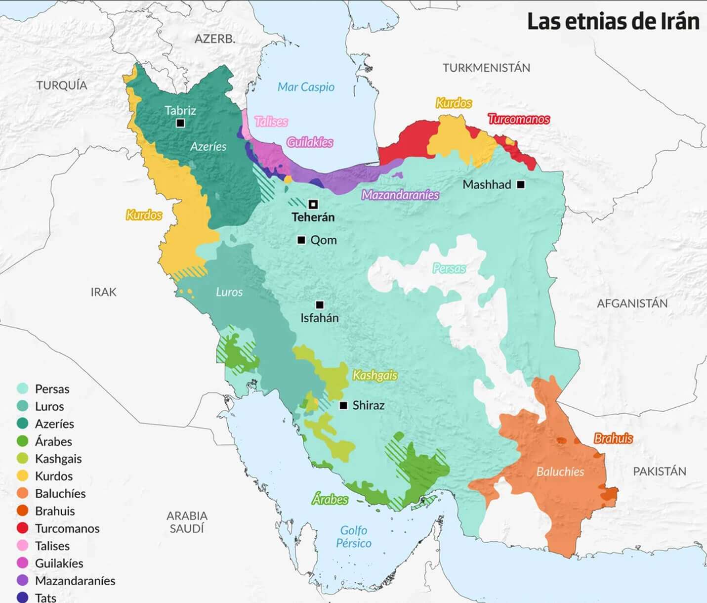 Ethnic map of Iran in Spanish