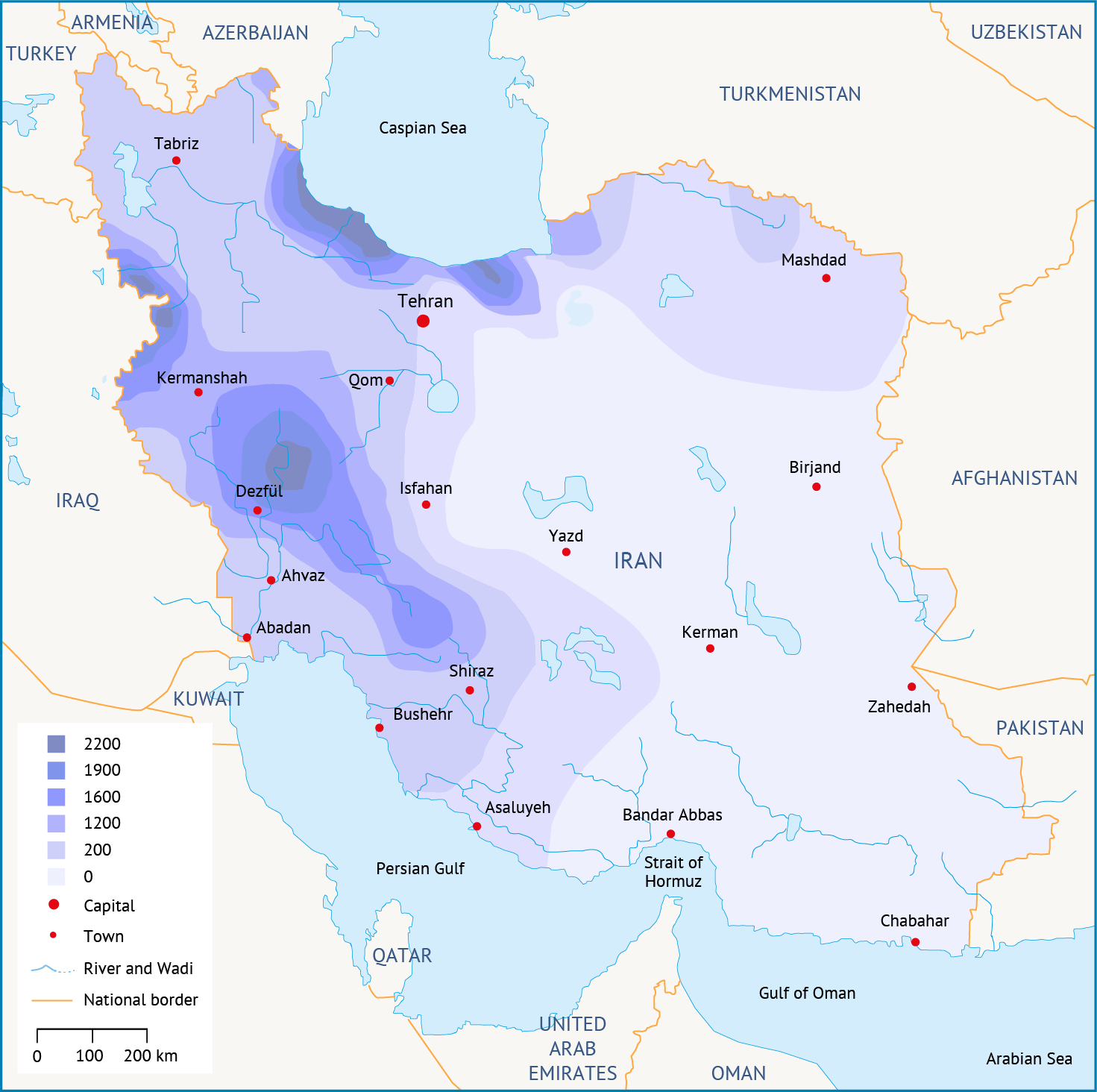 Iran water resources map with cities