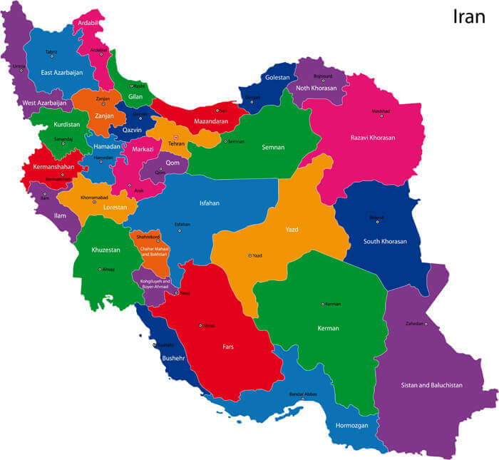 Iran provinces map with cities