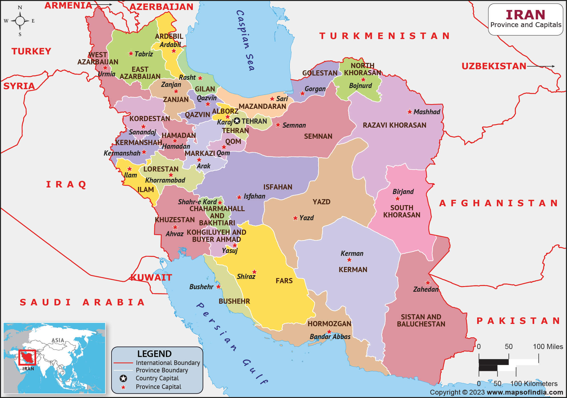Iran regions and capital map