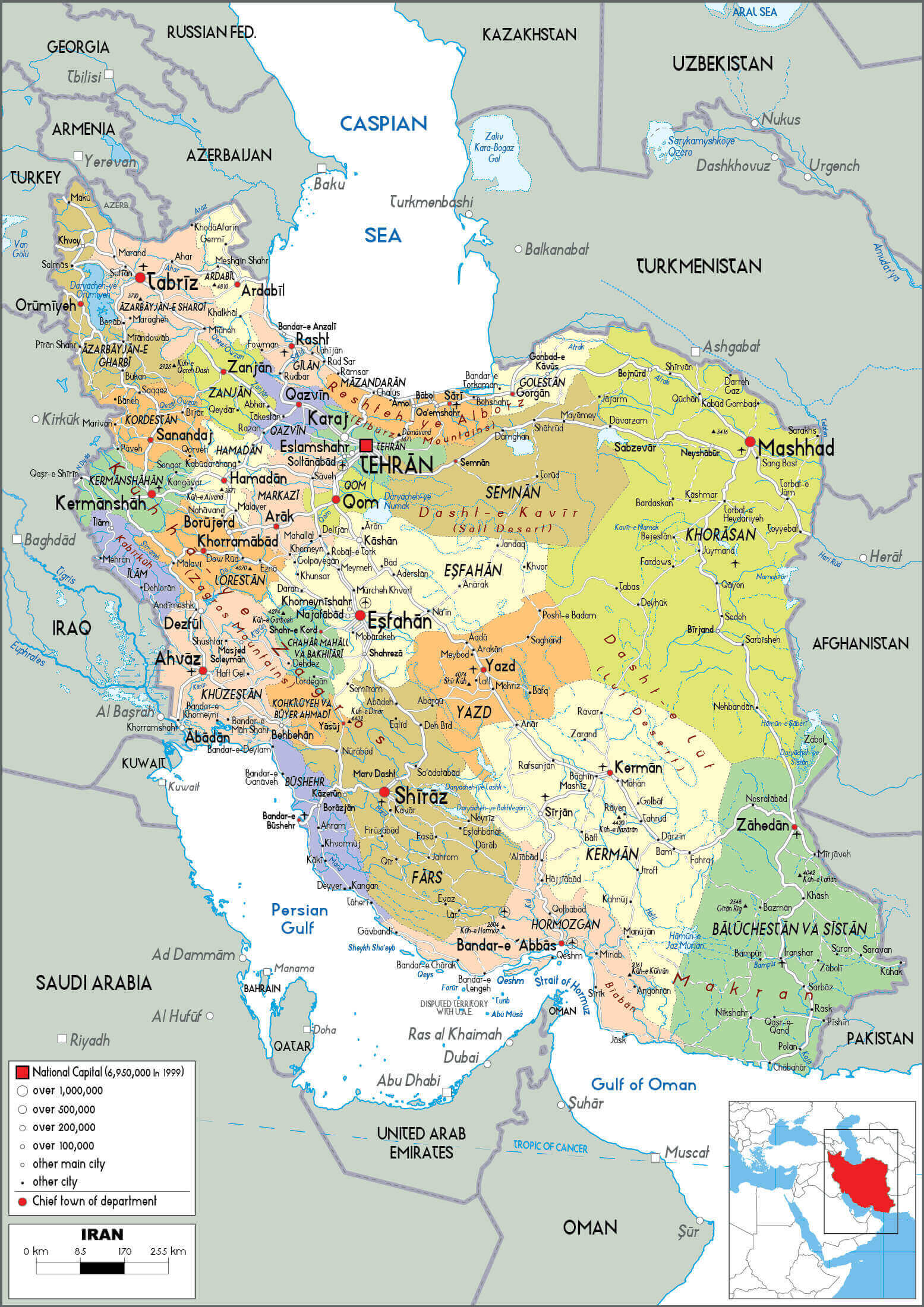 Iran regions map with largest cities