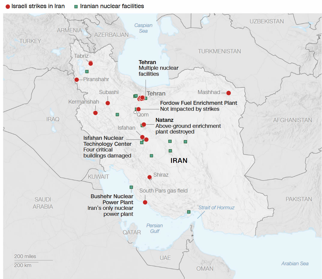 Israeli strikes map in Iran june 2025