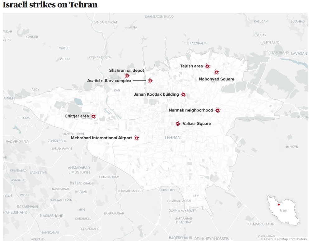 Israeli strikes map on Tehran