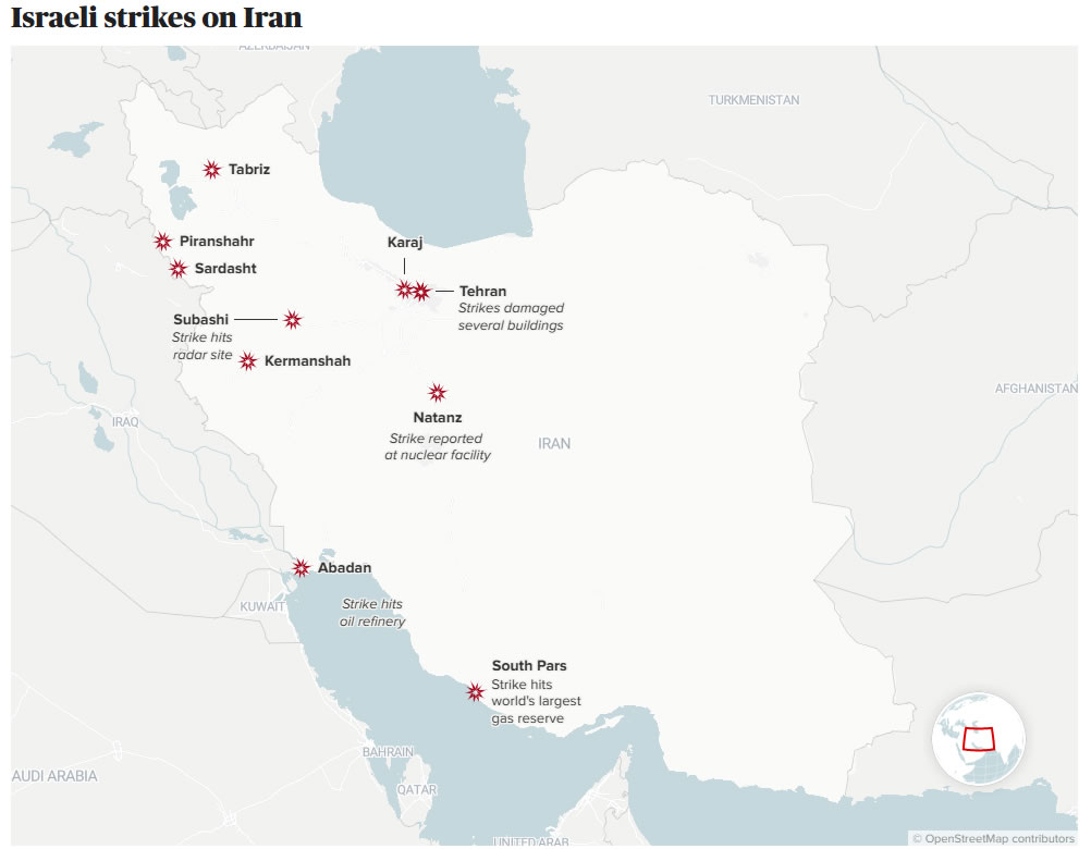 Israeli strikes maps in Iran