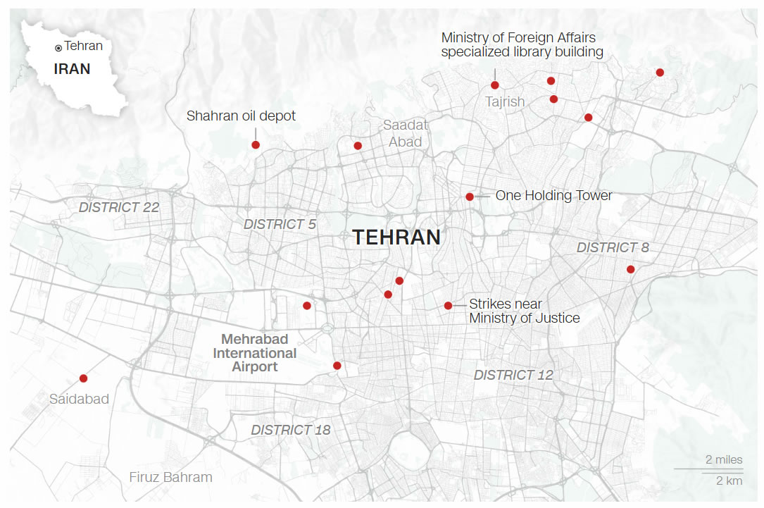 Tehran map hit by Israeli attacks