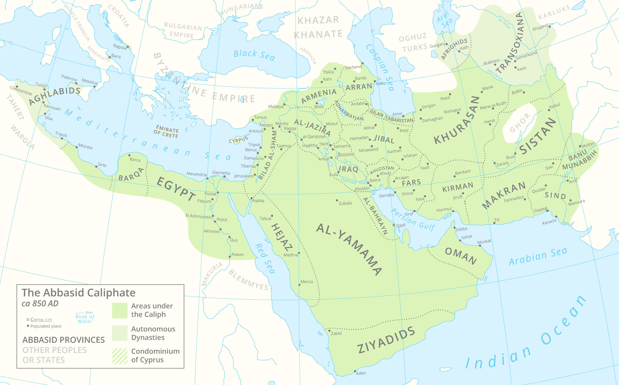 Abbasid caliphate map 850 AD with Iraq