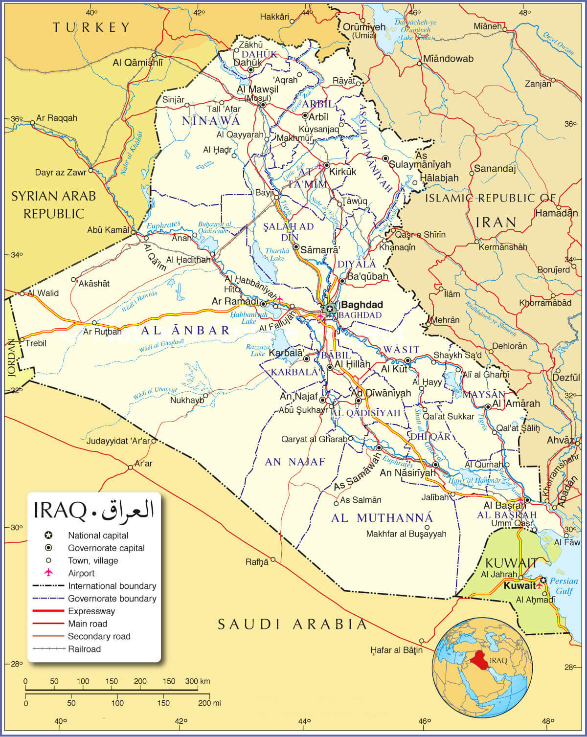 Iraq large political map with cities