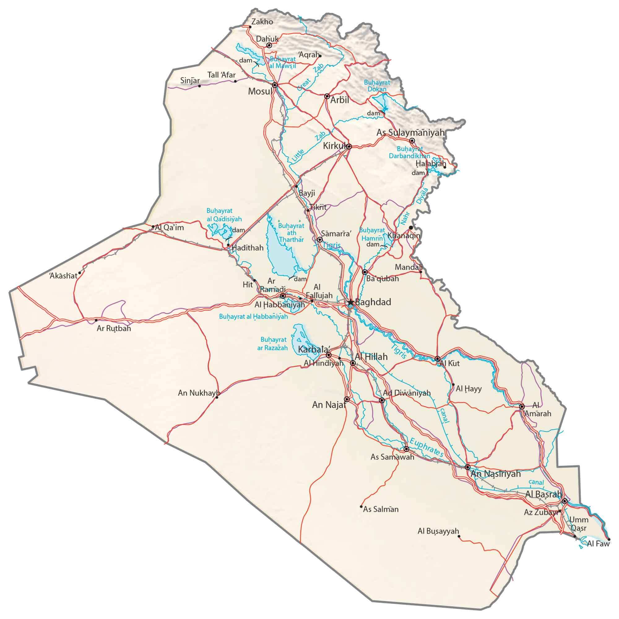 Large Iraq map with roads and rivers
