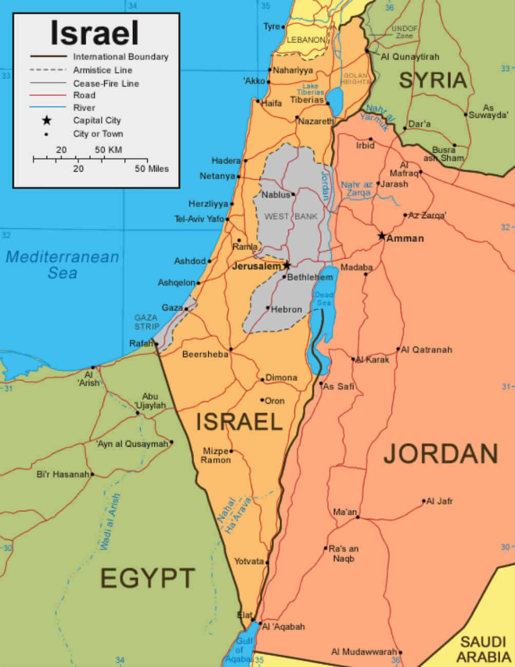 Israel political map with cities