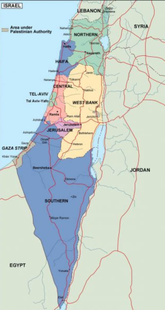 Israel regions map with West Bank Gaza strip