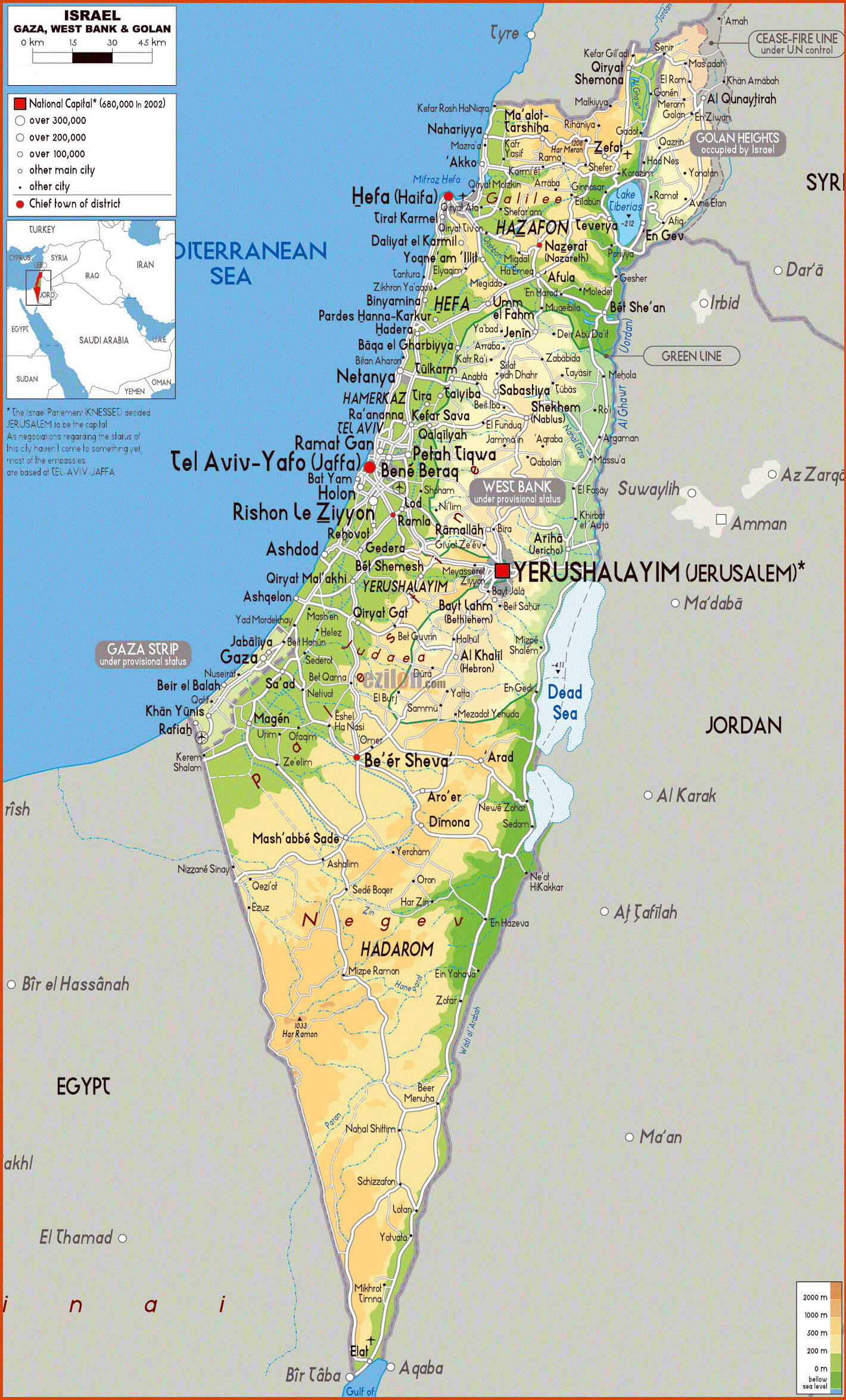 Physical map of Israel with cities