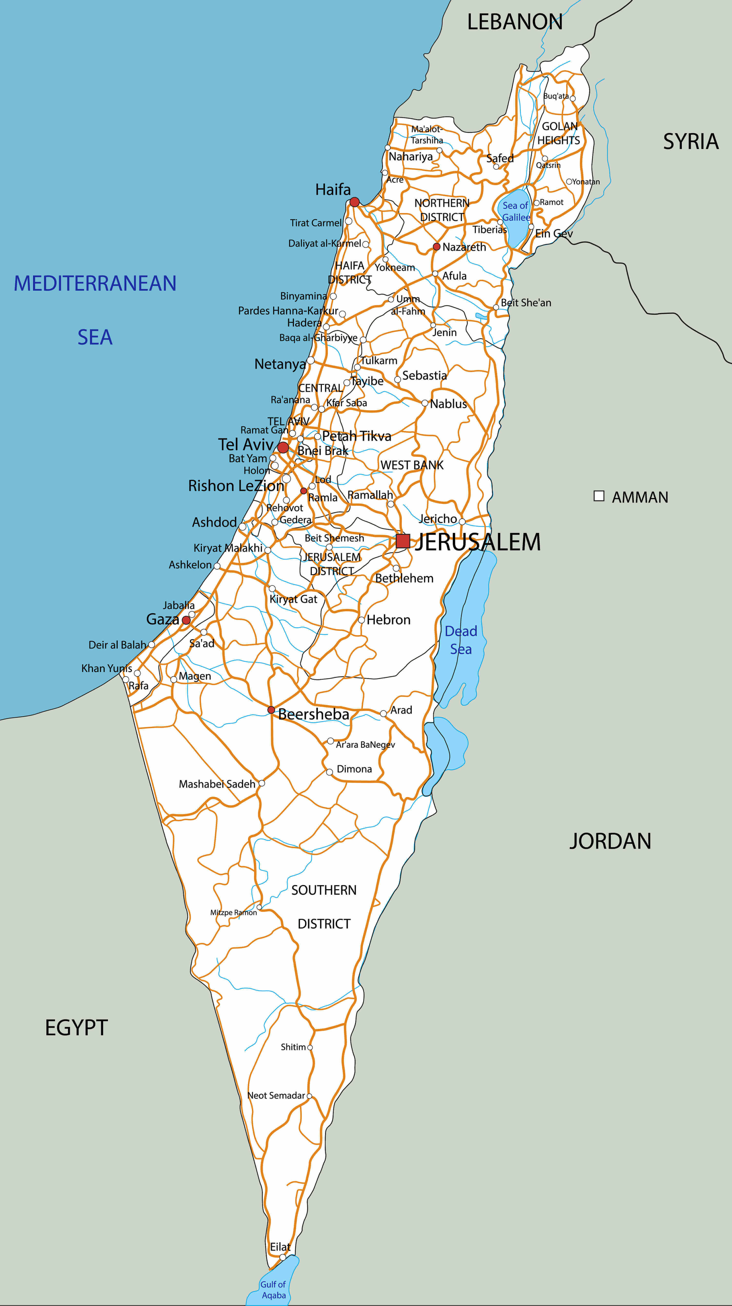 Detailed Israel road map with cities