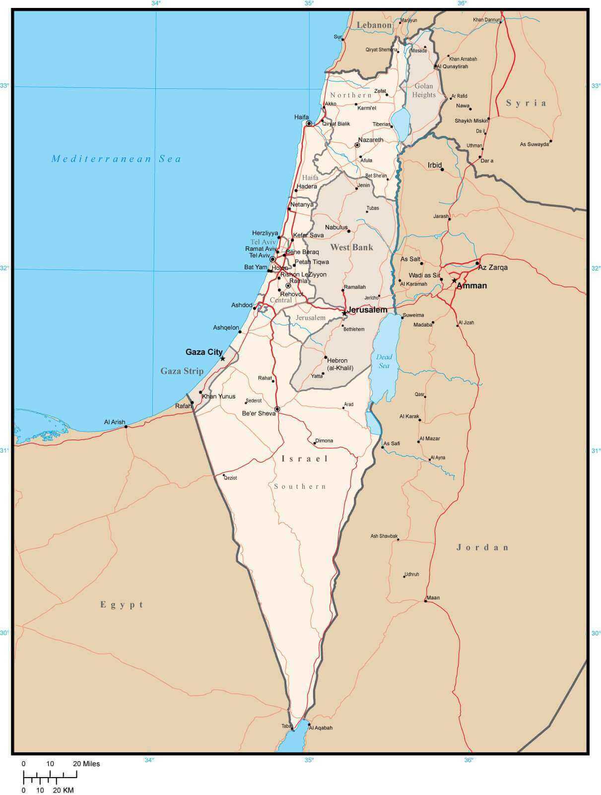 Large Israel major cities and main roads map