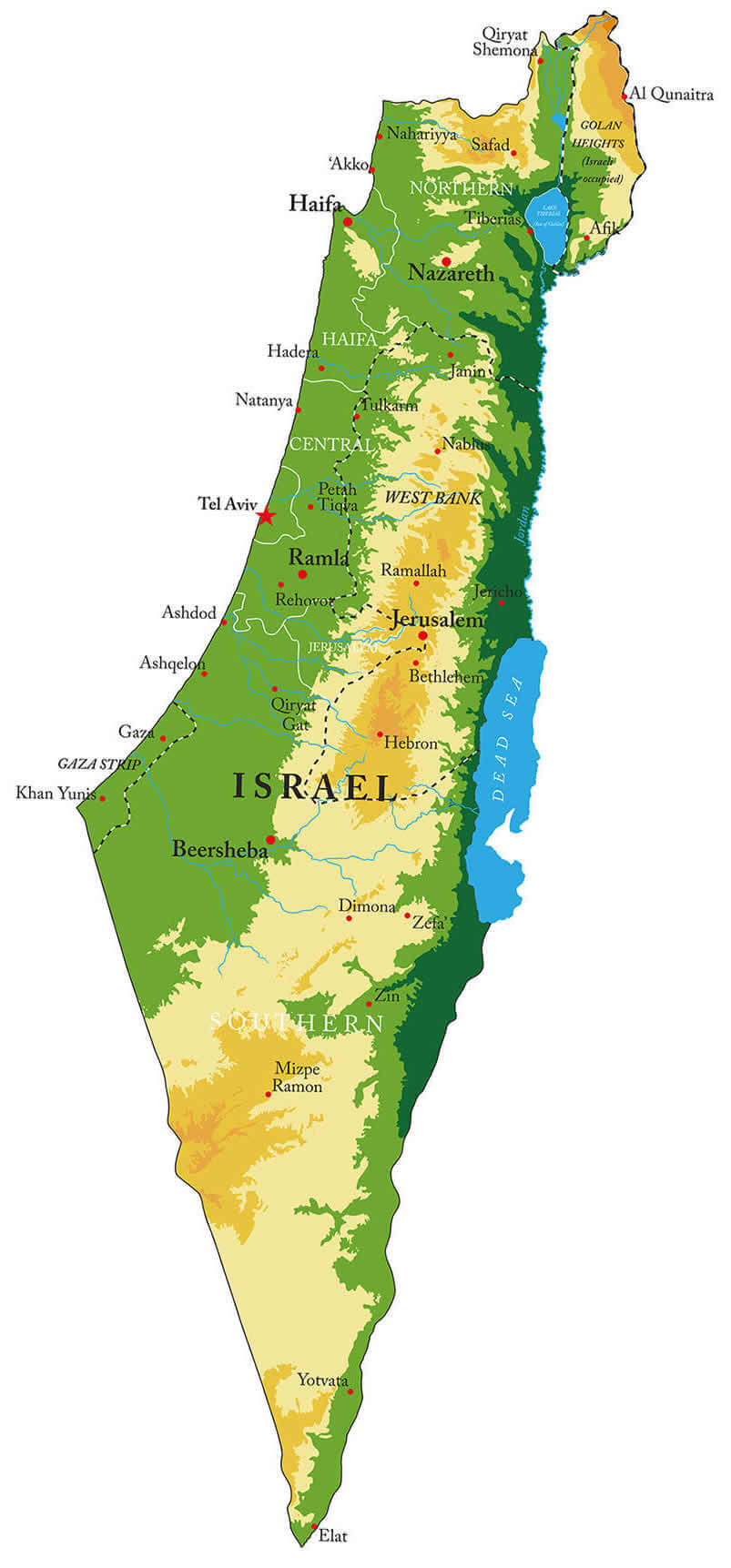 Israel physical map with major cities