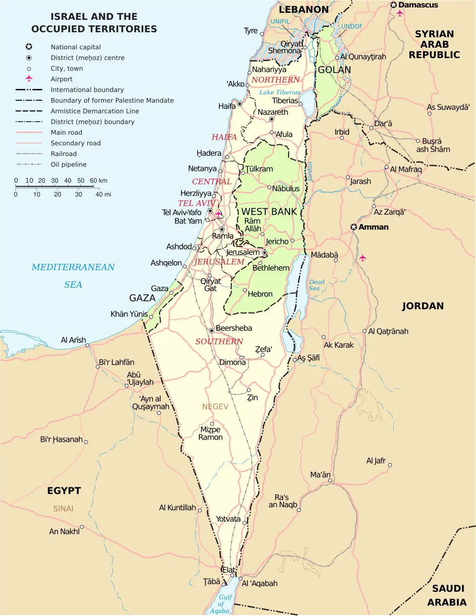 Map of Israel neighbours and occupied territories.webp