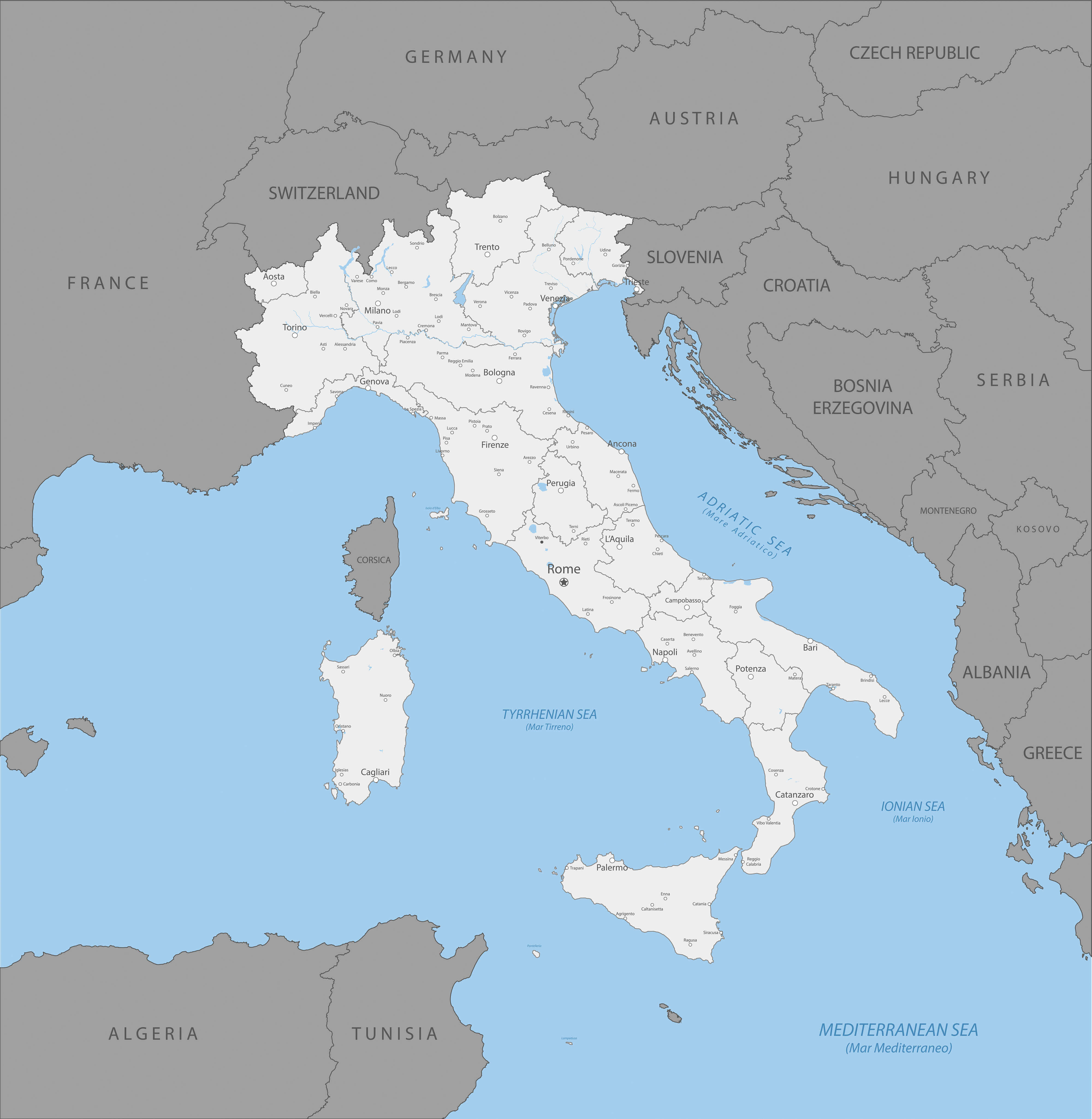 Country map of Italy with largest cities