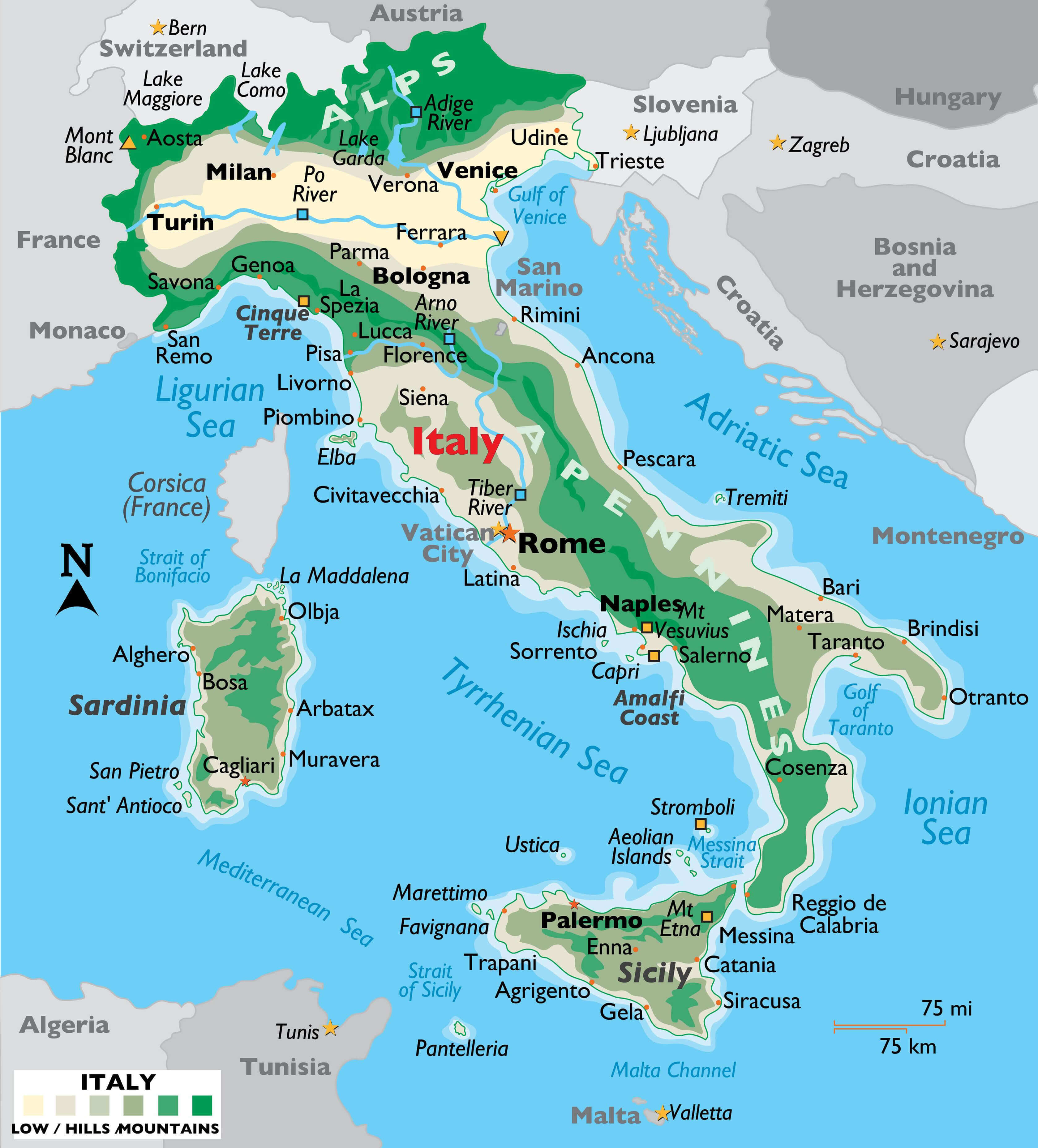 Italy cities map with mountains and plateaus