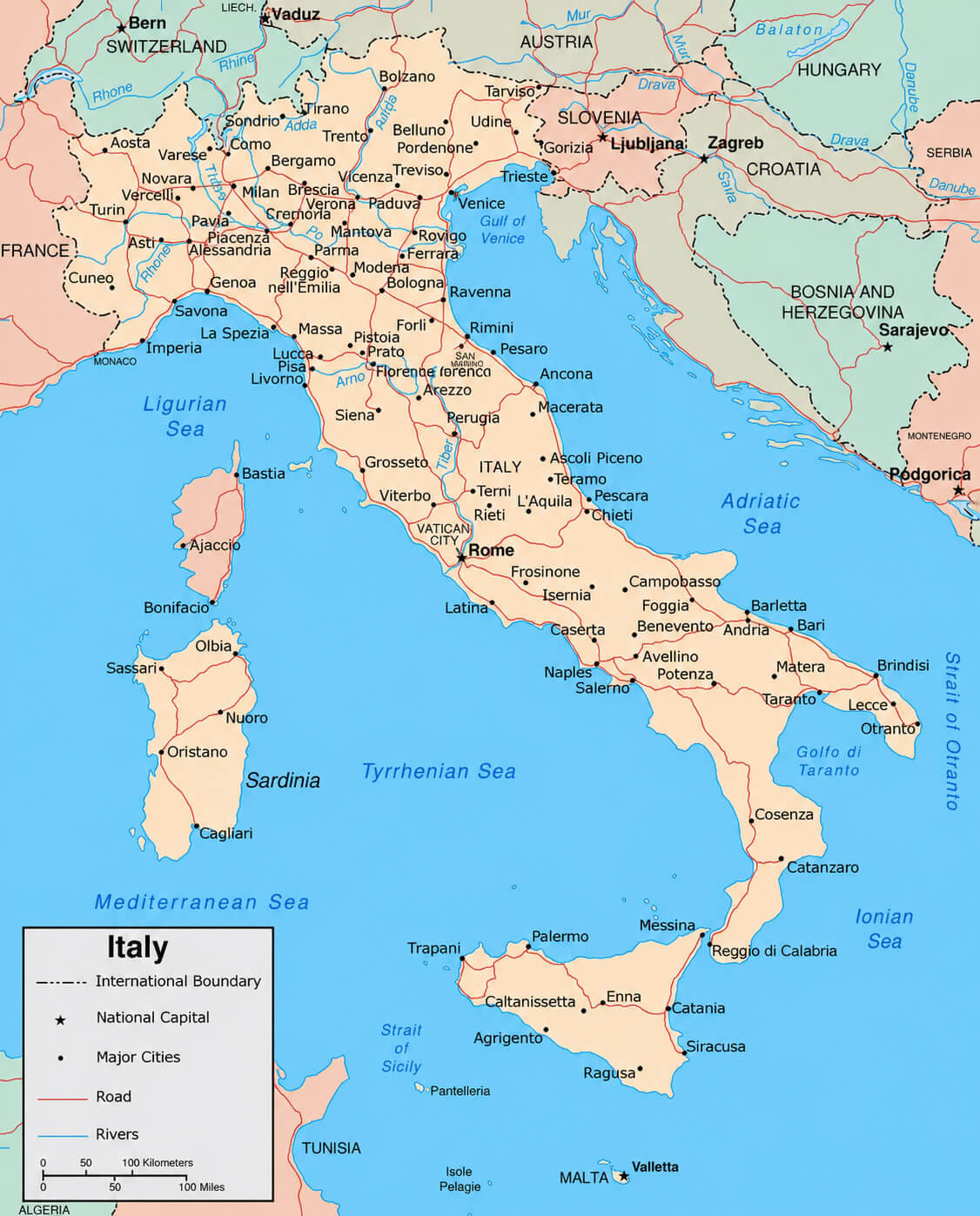 Italy cities and rivers map
