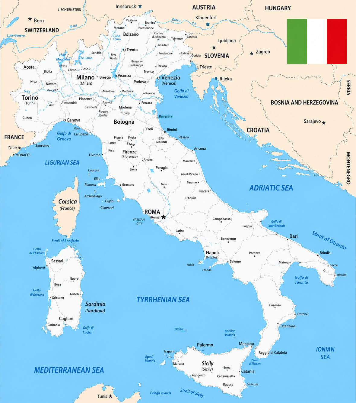 Italy cities map with lakes rivers