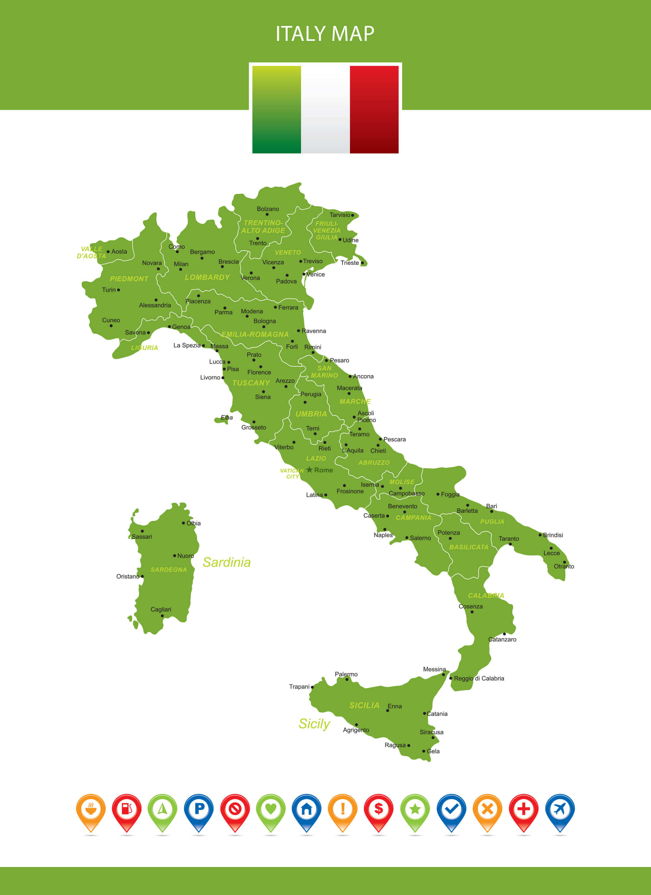Italy major cities map with national flag