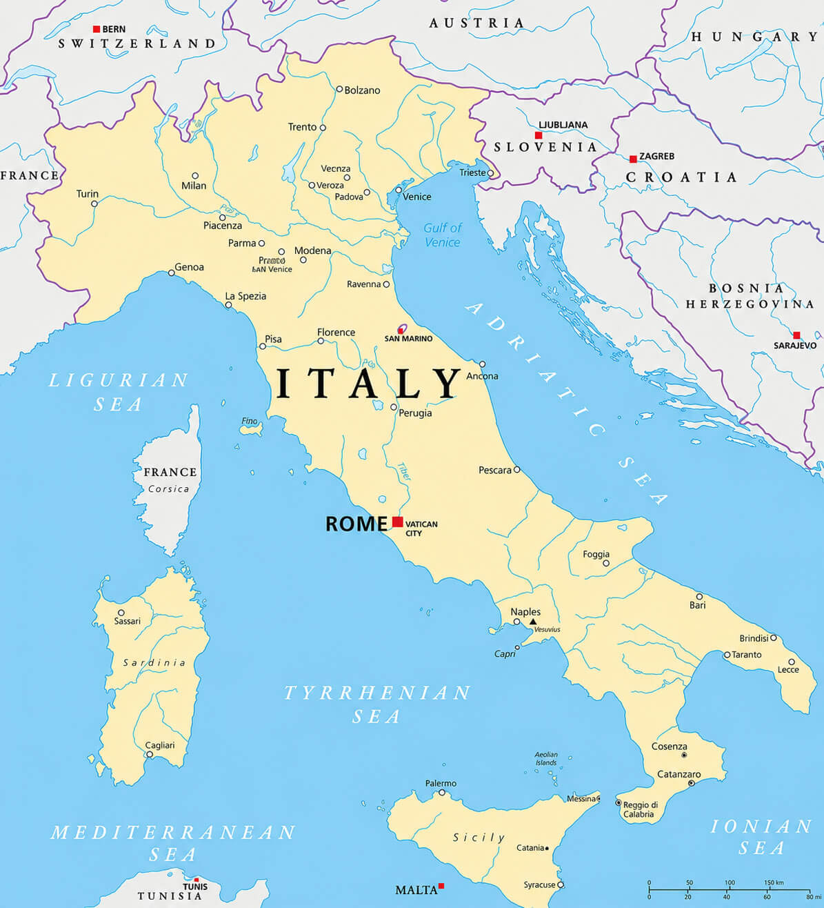 Italy map with rivers cities and borders
