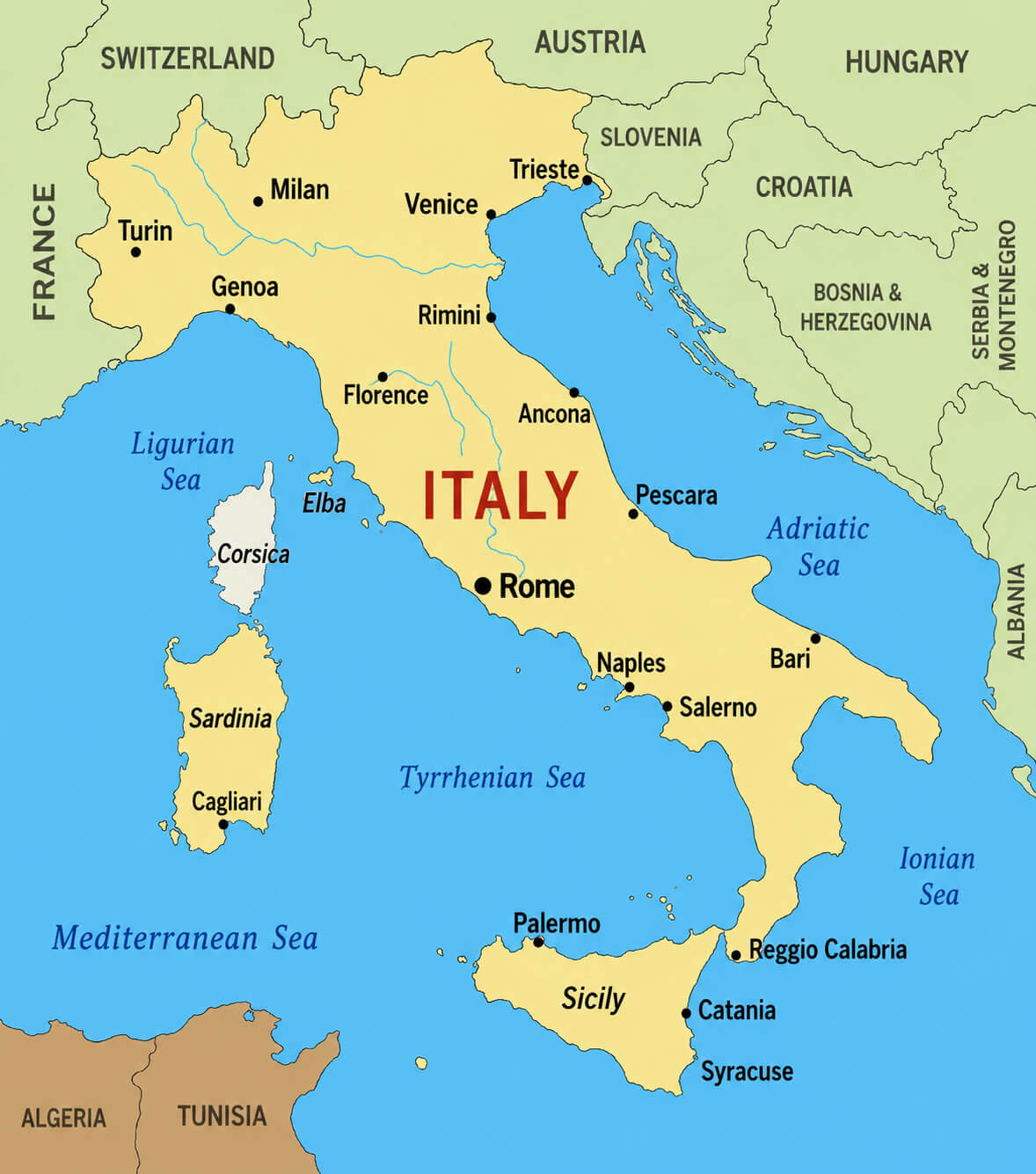 Major cities map of Italy
