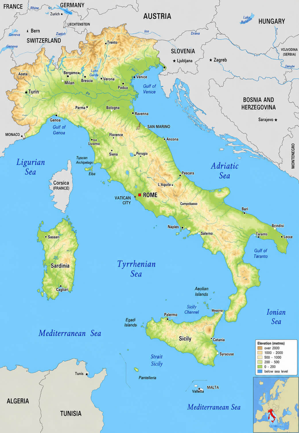 Italy elevation map