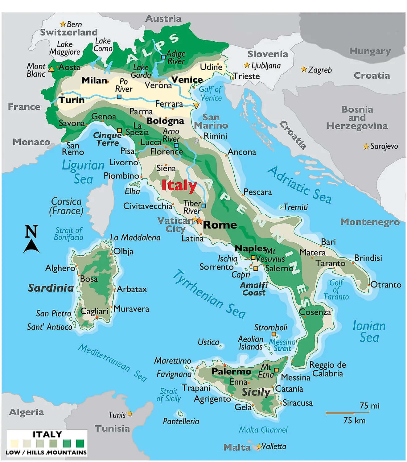 Italy major cities map with lakes and rivers