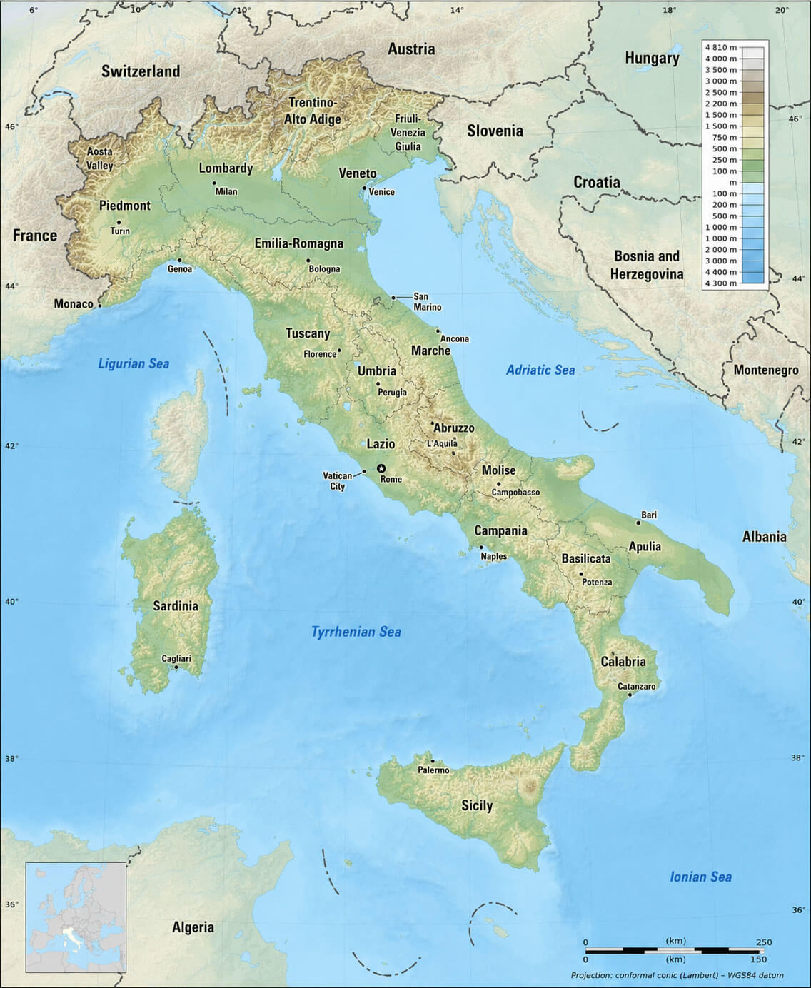 Italy physical terrain map