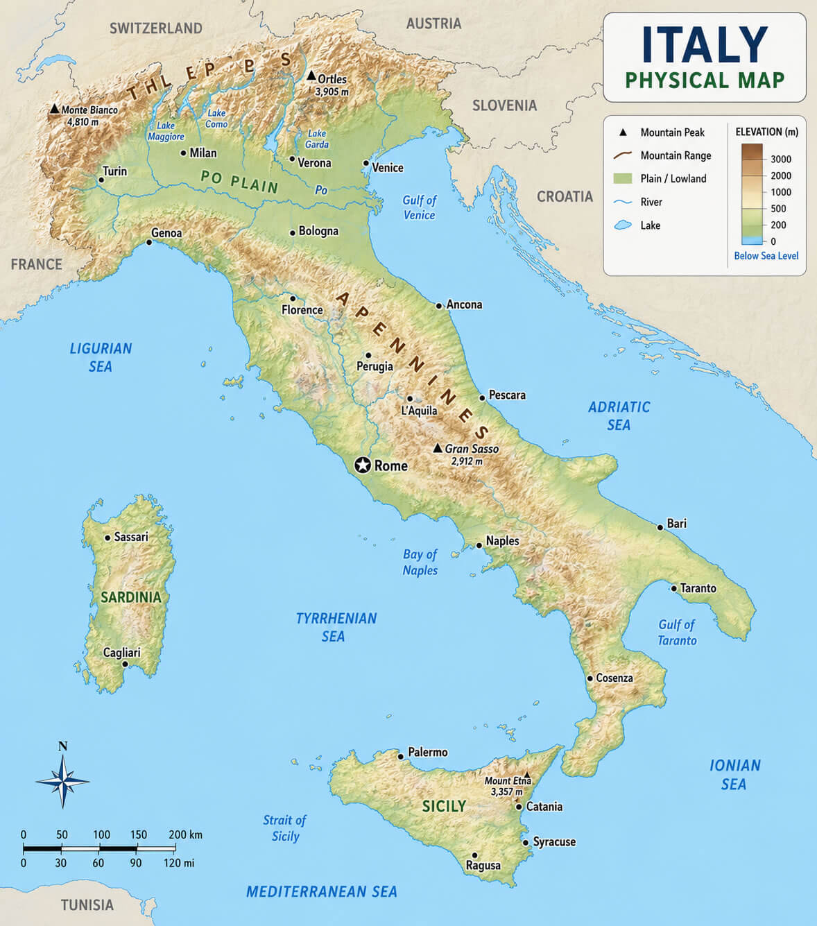 Physical map of Italy
