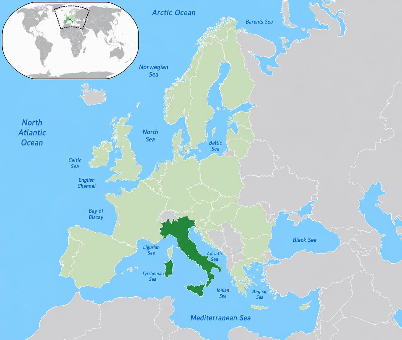 Where is located Italy on Europe map