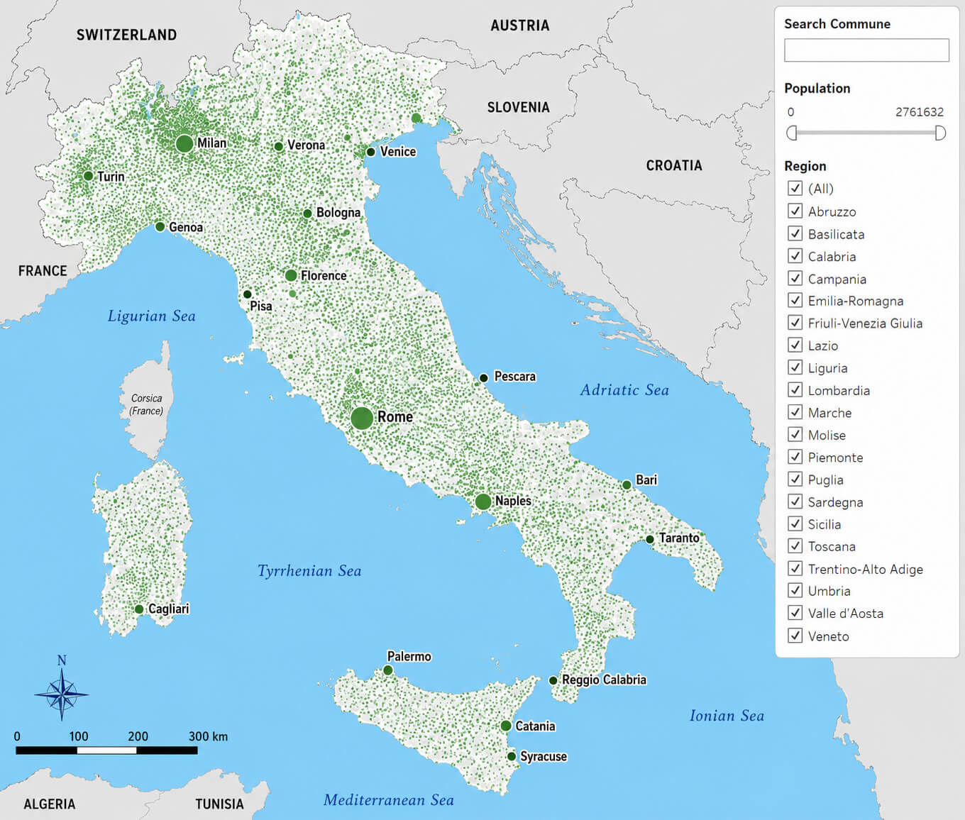 Italy population distribution map by cities