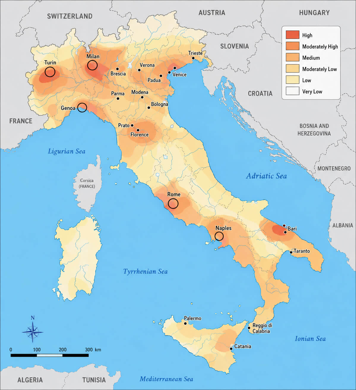 Italy population map with cities