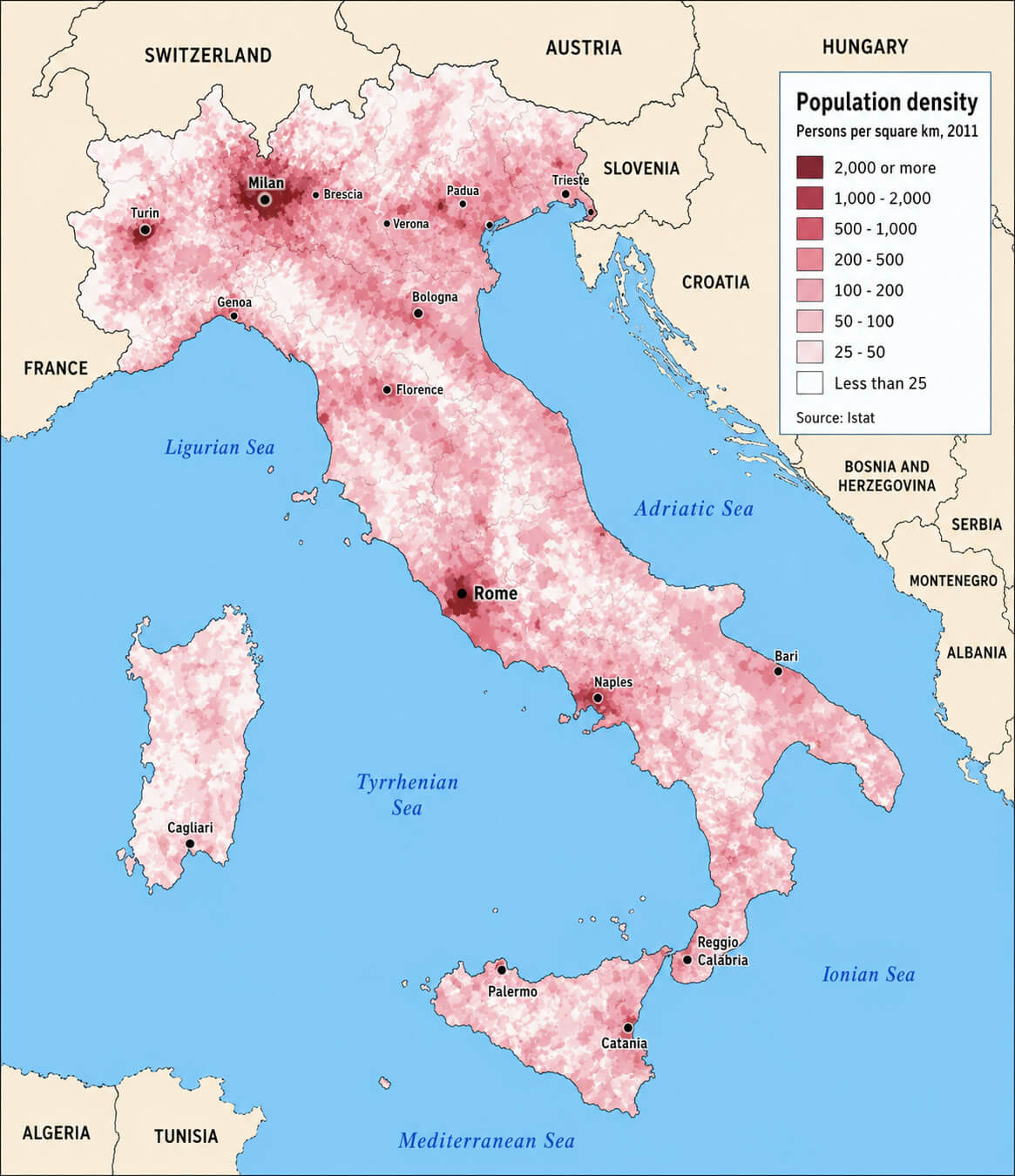 Map of population density in Italy 2011 census