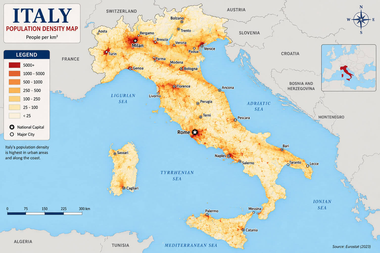 Population density map of Italy