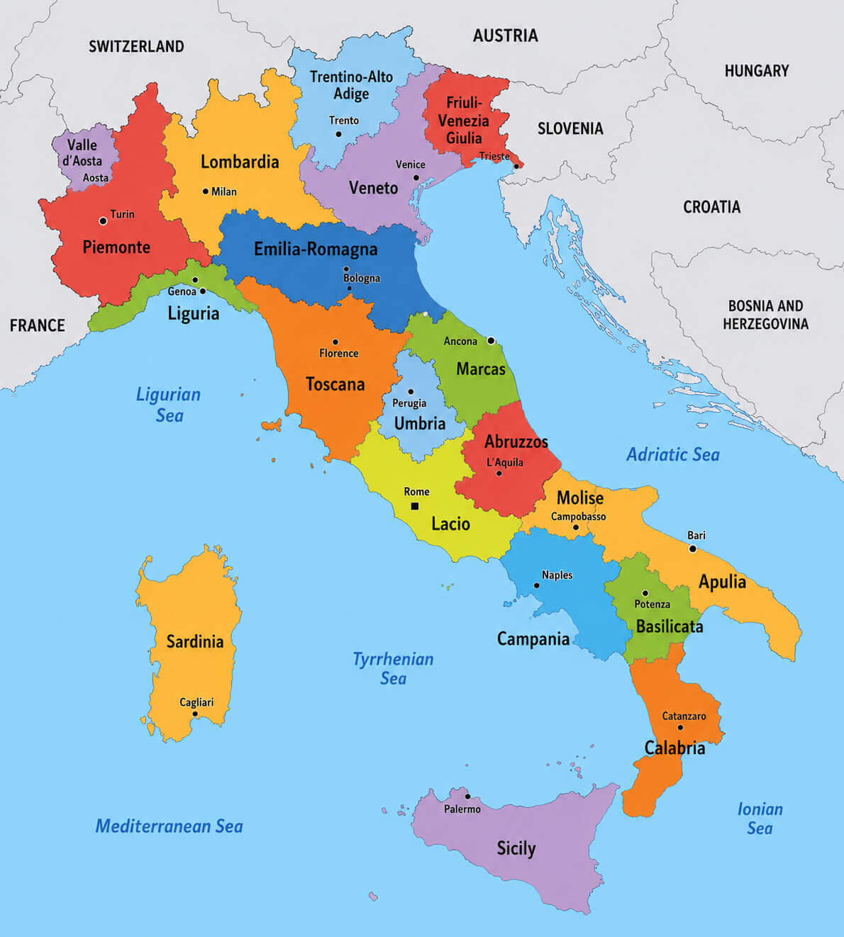 Administrative regions map of Italy