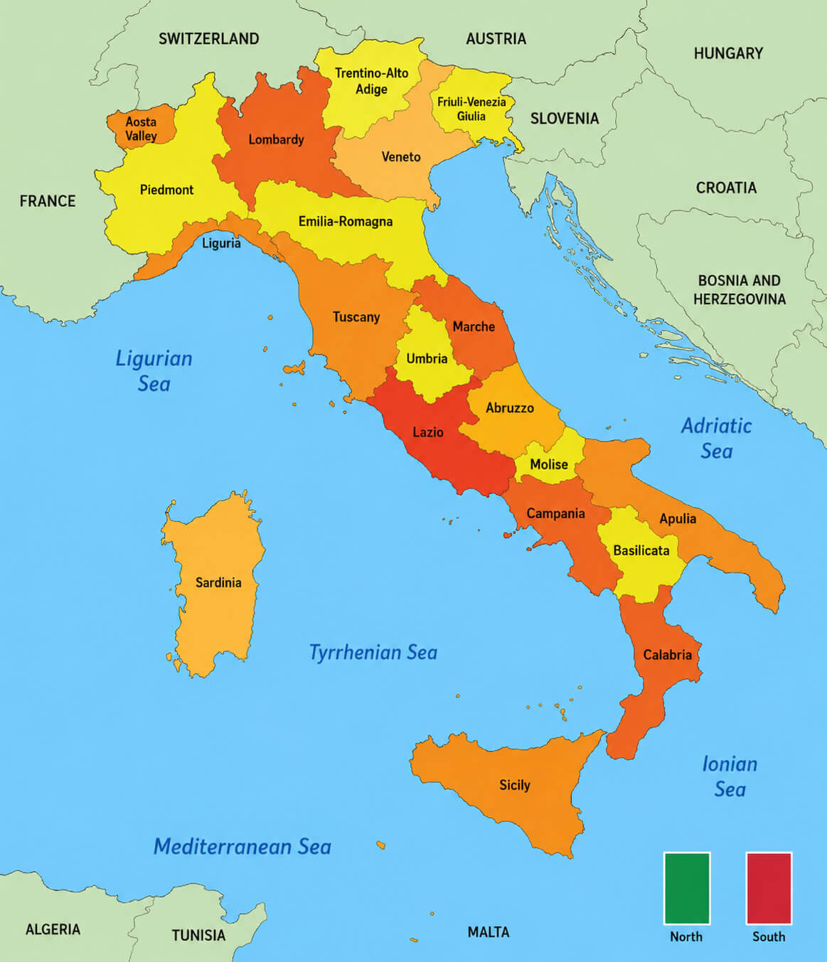 Italy colorful regions map