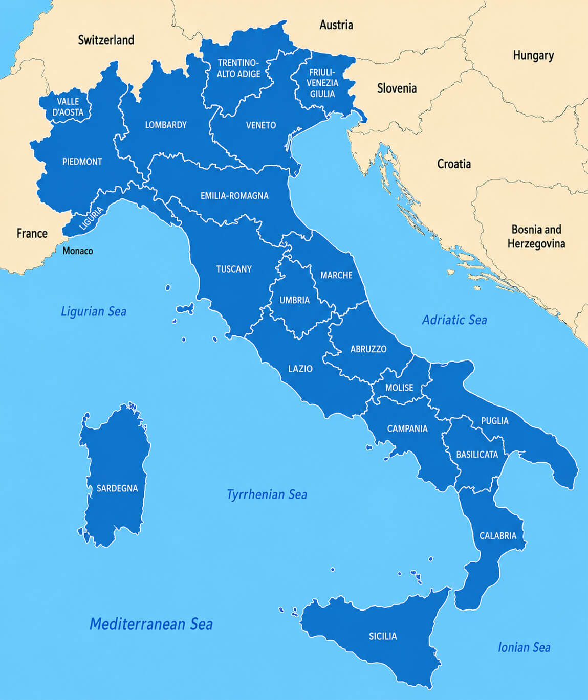 Italy regions map blue theme