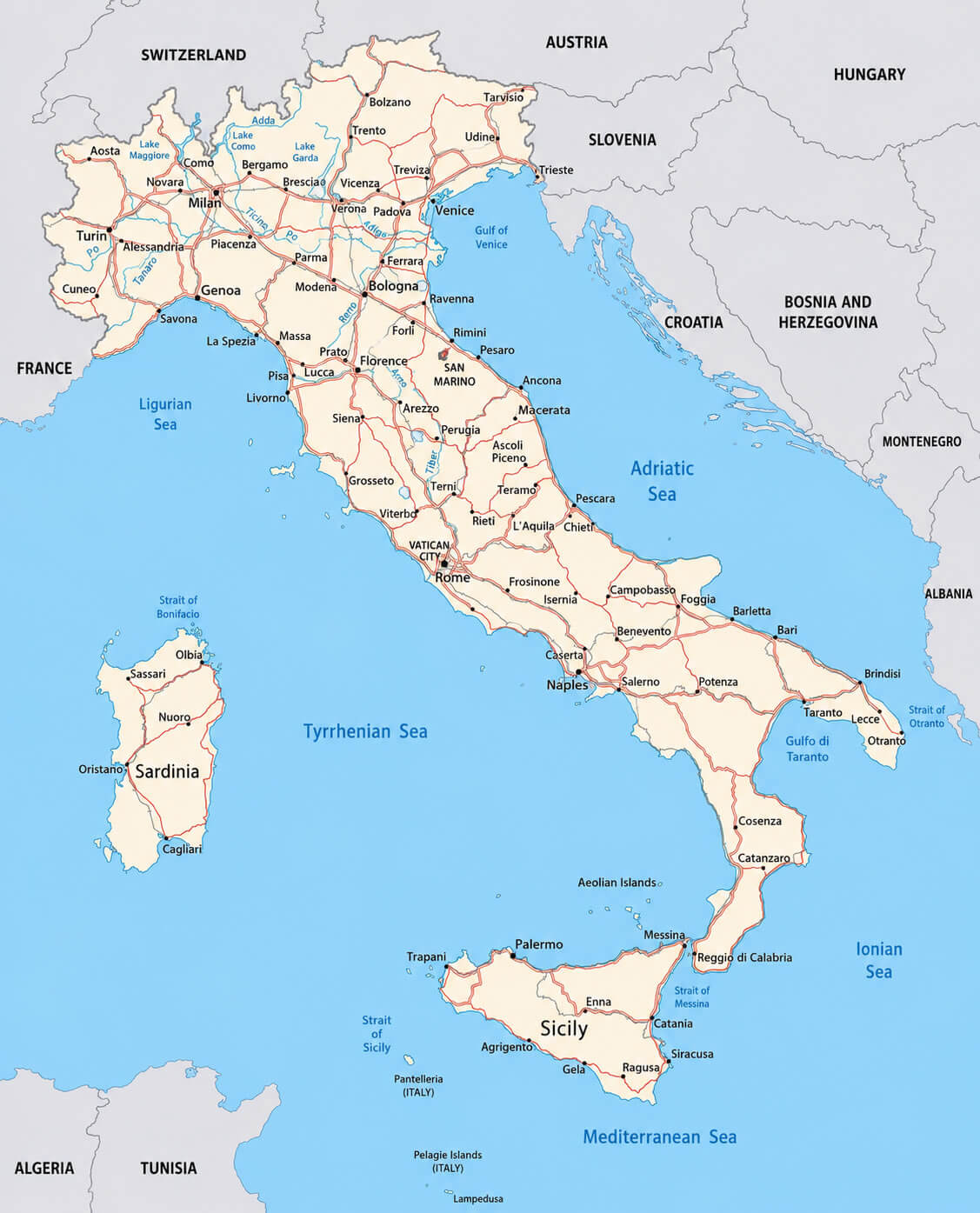 Italy map with major roads