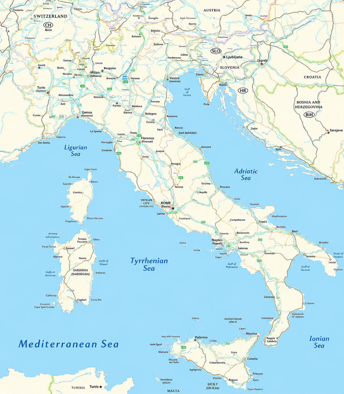 Italy road map with major cities