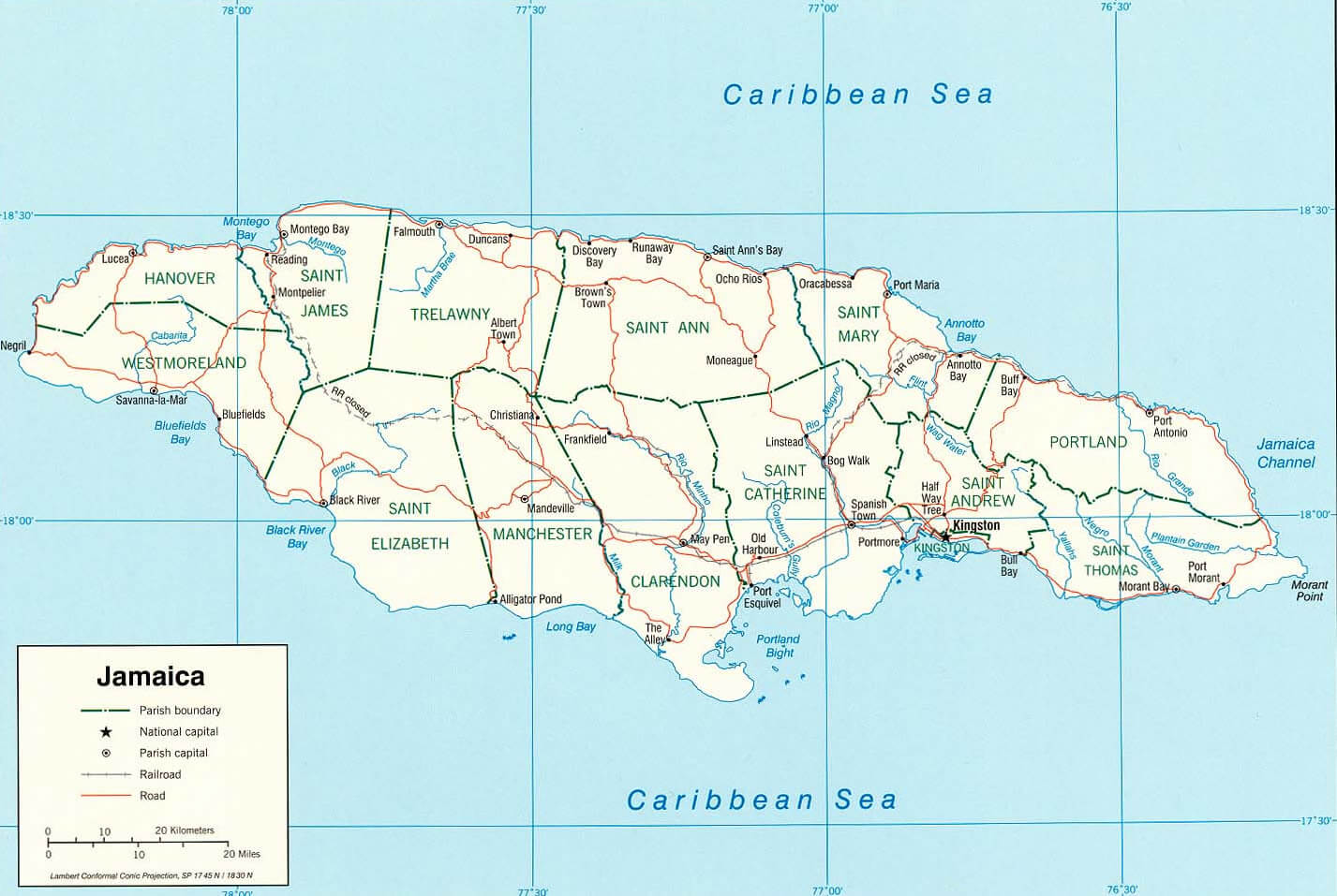 Jamaica Map Caribbean Sea