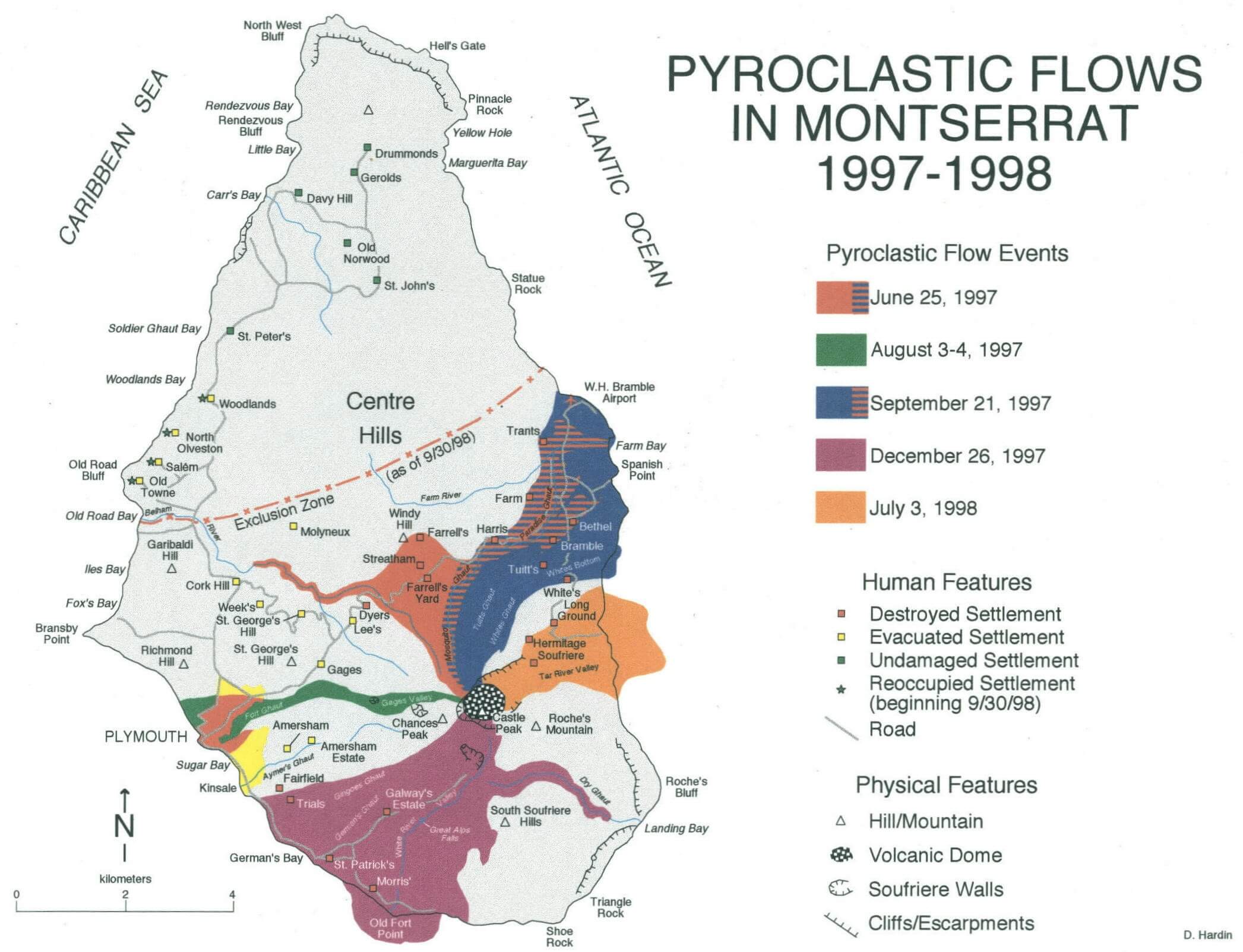 Pyroclastic flows in Montserrat 1997 1998 Map