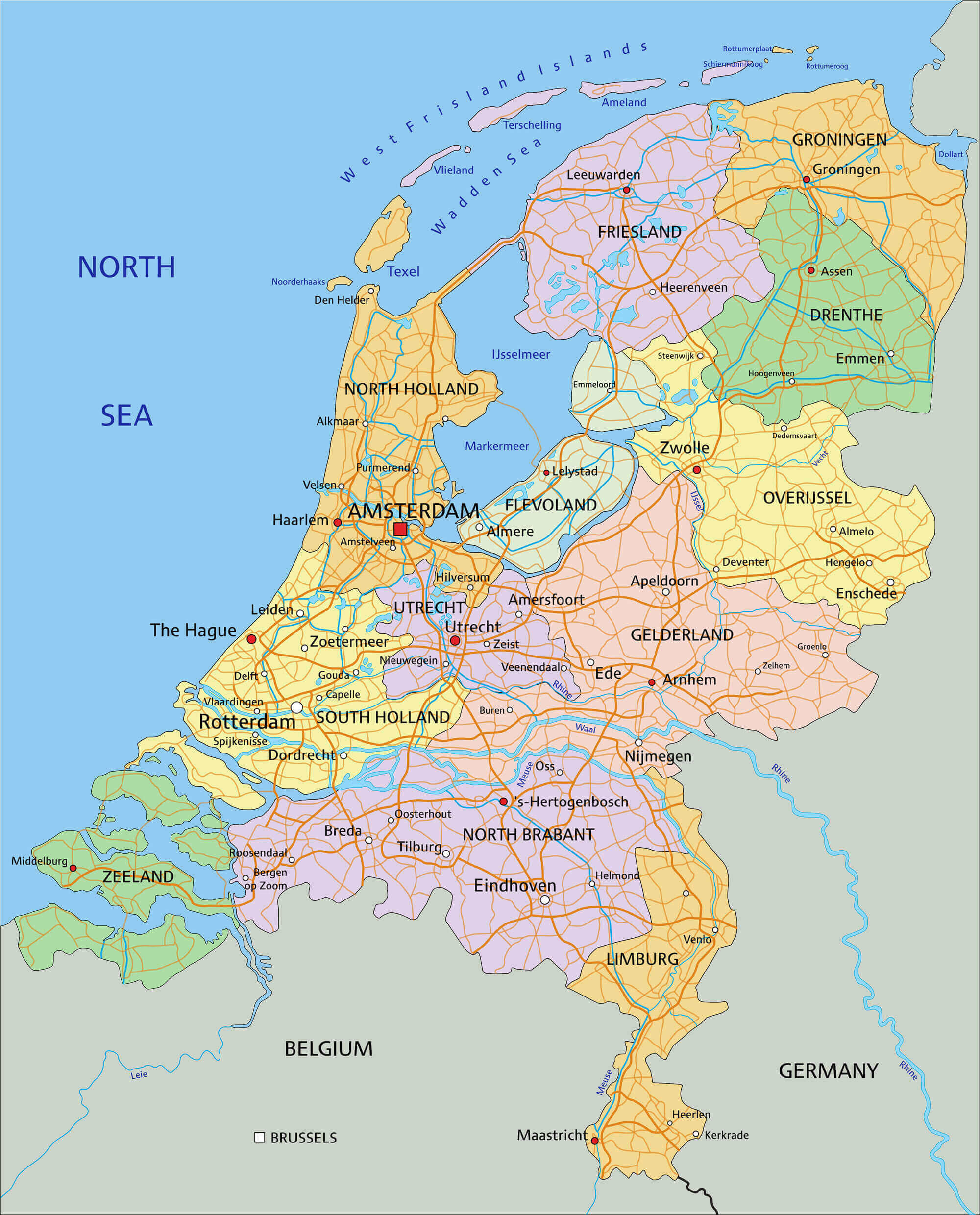Netherlands administrative map by cities